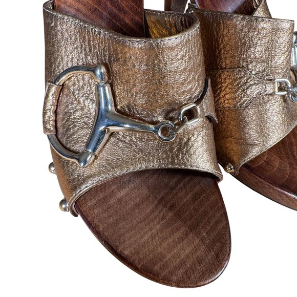 Gucci Bronze Leather Horsebit Wooden Clogs Heels Size UK 9B - Picture 2 of 12